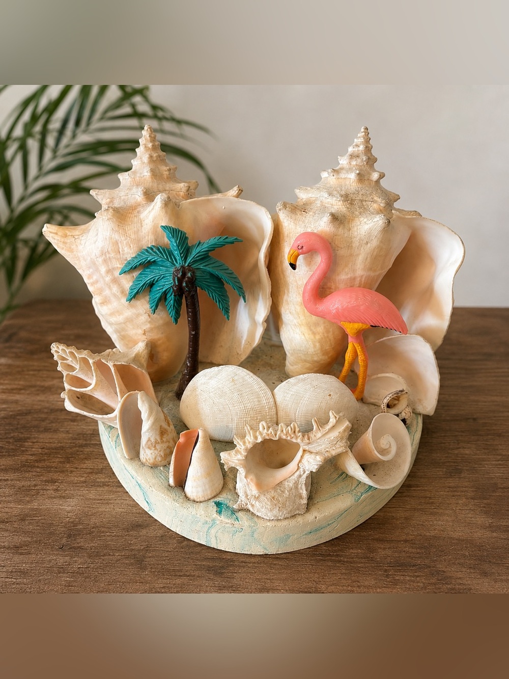 Coastal Seashell Flamingo Tabletop Decor Sculpture Beach Nautical Display